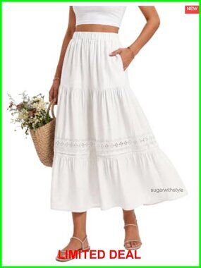 Blooming Jelly Womens Maxi Skirt High Waist Long Skirt with Pockets Lace Trim